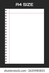 Folha de papel realística em branco com forro em formato A4 isolada sobre fundo preto. Bloco de anotações ou página do livro.