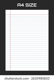 Realistic blank lined paper sheet in A4 format isolated on black background. Notebook or book page.
