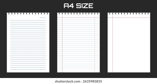 Realistic blank lined paper sheet in A4 format isolated on black background. Notebook or book page. Design template or mockup. Vector illustration