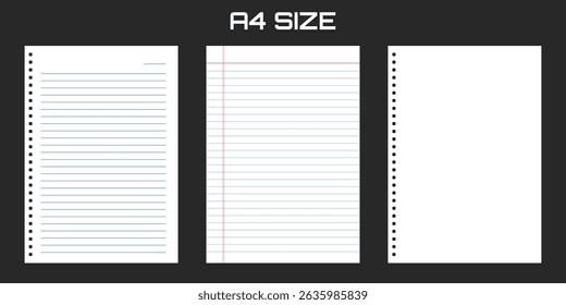 Realistic blank lined paper sheet in A4 format isolated on black background. Notebook or book page. Design template or mockup. Vector illustration