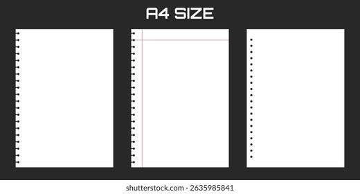 Realistic blank lined paper sheet in A4 format isolated on black background. Notebook or book page. Design template or mockup. Vector illustration