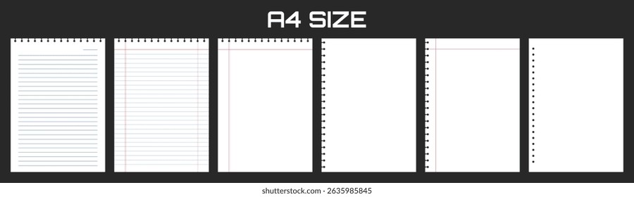 Realistic blank lined paper sheet in A4 format isolated on black background. Notebook or book page. Design template or mockup. Vector illustration