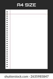 Realistic blank lined paper sheet in A4 format isolated on black background. Notebook or book page.