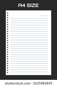 Folha de papel realística em branco com forro em formato A4 isolada sobre fundo preto. Bloco de anotações ou página do livro.