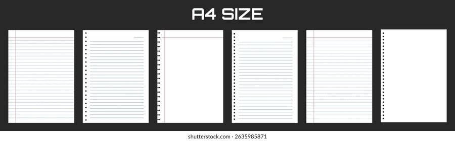 Realistic blank lined paper sheet in A4 format isolated on black background. Notebook or book page. Design template or mockup. Vector illustration