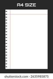 Realistic blank lined paper sheet in A4 format isolated on black background. Notebook or book page.