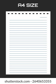 Realistic blank lined paper sheet in A4 format isolated on black background. Notebook or book page.