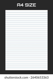Realistic blank lined paper sheet in A4 format isolated on black background. Notebook or book page.