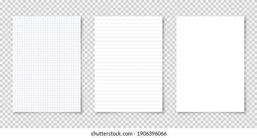 Realistic blank lined paper sheets in A4 format on transparent background. Notebook page, document. Design template or mockup. Vector illustration.