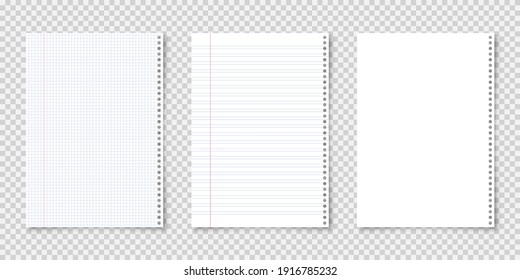 Realistic blank lined paper sheets in A4 format on transparent background. Notebook page, document. Design template or mockup. Vector illustration.