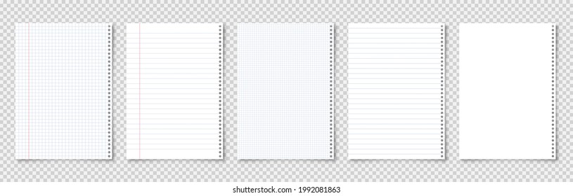 Realistic blank lined paper sheets in A4 format on transparent background. Notebook page, document. Design template or mockup. Vector illustration.