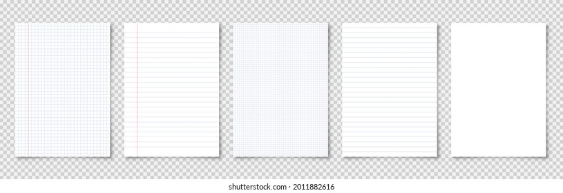 Realistic blank lined paper sheets in A4 format on transparent background. Notebook page, document. Design template or mockup. Vector illustration.