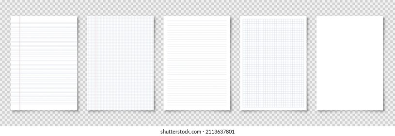 Realistic blank lined paper sheets in A4 format on transparent background. Notebook page, document. Design template or mockup. Vector illustration.
