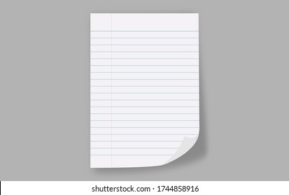 Realistic Blank lined paper. Lined white Squared paper for a note. Space ready for your message text. Office and Education Equipment, Isolated on gray background with shadows