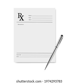 Realistic Blank Medical Prescription Form And Metallic Pen Isolated On White Background.Vector Illustration Of Rx Pad Template.Healthcare, Hospital, And Medical Diagnostics Concept.