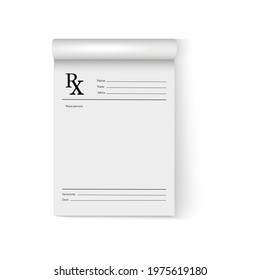 Realistic blank medical prescription form isolated on white background.Vector illustration of Rx pad template.Healthcare, hospital, and medical diagnostics concept.