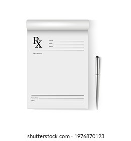 Realistic blank medical prescription form and pencil isolated on a white background.Vector illustration of Rx pad template.Healthcare, hospital, and medical diagnostics concept.