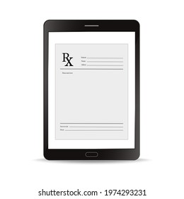 A realistic blank medical prescription. Online  PX form isolated on white background.Vector illustration of tablet pc computer.Healthcare, hospital, and medical diagnostics concept.