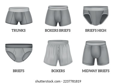 Realistic blank mens underpants set with different models isolated on white background vector illustration