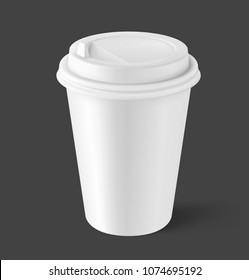 Realistic blank mock up paper cup with plastic lid. Coffee to go, take out mug. Vector illustration isolated and can be use for any backgrounds. EPS10.