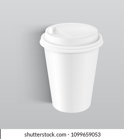 Realistic blank mock up paper cup with plastic lid. Coffee to go, take out mug. Vector illustration isolated and can be use for any backgrounds. EPS10.