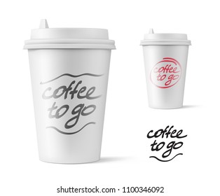 Realistic blank mock up paper cup with plastic lid. Coffee to go, take out mug. Vector illustration isolated and can be use for any backgrounds. EPS10.