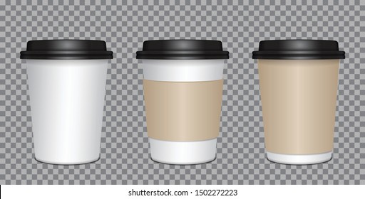 Realistic blank mock up paper cups set with black plastic lid. Coffee to go, take out mug for your design