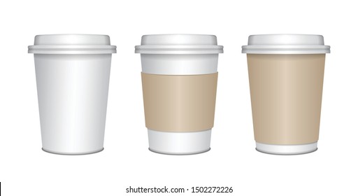 Realistic blank mock up paper cups set with plastic lid. Coffee to go, take out mug for your design