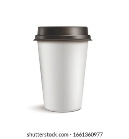 Realistic blank mock up paper cups with plastic lid. Coffee to go, take out mug. Vector illustration isolated and can be use for any backgrounds. EPS10