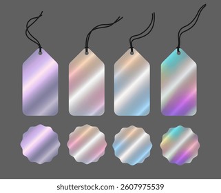 Realistic blank mockup for sticker, tag, emblem, hologram sale, new, best price, special offer, discount. Set of holographic round, oval element with uneven wavy zigzag edge, star shape. Vector EPS1

