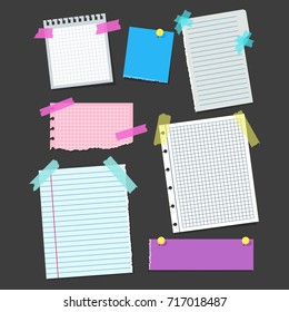 Realistic Blank Note Color Paper with Color Sticky Adhesive Tape Set Concept Reminder Board Office for Business Message. Vector illustration of Papers
