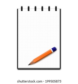 Realistic blank notepad with pencil, isolated on white background. Notebook. Vector illustration