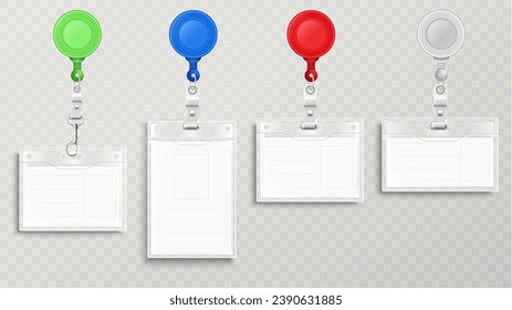 Realistic blank office ID cards set with round clasp reel holder clip. Vector illustration.
