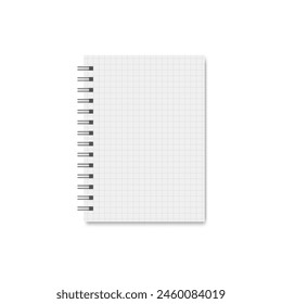 Realistic blank open notebook a6 with spiral, stationery notepad or diary template for office with cell lined.