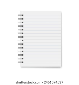 Realistic blank open notebook a6 with spiral, stationery notepad or diary template for office with lines.