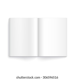 Realistic blank opened magazine template on white background with soft shadows.