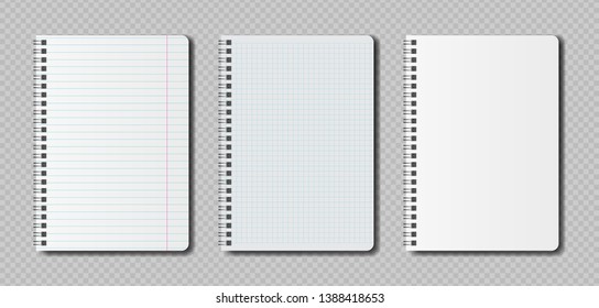 Realistic blank pages notebook template with spiral. Vector mockup notebooks with lines for writing or sketching.