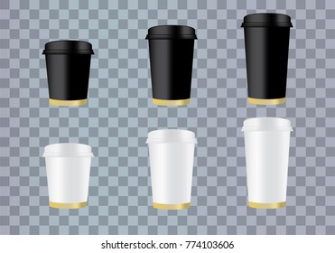 Realistic blank paper coffee cup set isolated on transparent  background. Vector design template. 