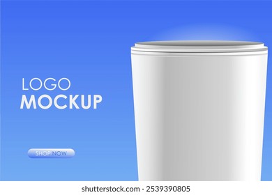 Realistic blank paper cup mockup with double sided walls. Coffee to go, remove cup. Vector illustration isolated on BLUE background. 