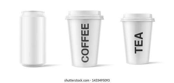 Realistic blank paper cups with plastic lid mockup and  aluminum can mockup. Front view. Coffee to go, beer, water, soda, energetic, take out mug. Ready for your design. Vector illustration. EPS10.