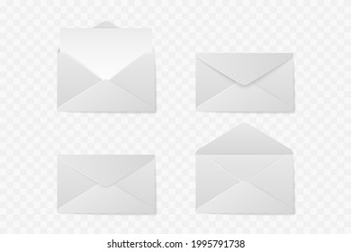 Realistic blank paper envelopes. Open closed white letter mockup set isolated on transparent background. Vector illustration
