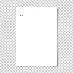 Realistic Blank Paper Sheet In A4 Format With Metal Clip, Holder On Transparent Background. Notebook Page, Document. Design Template Or Mockup. Vector Illustration.