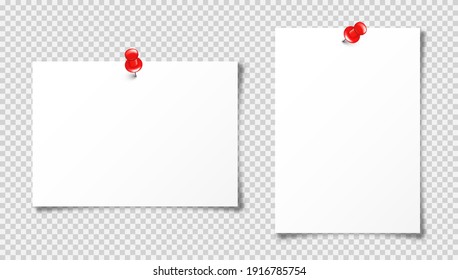 Realistic Blank Paper Sheet In A4 Format With Red Push Pin On Transparent Background. Notebook Page, Document. Design Template Or Mockup. Vector Illustration.