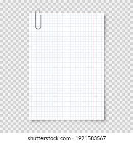 Realistic blank paper sheet in A4 format with metal clip, holder on transparent background. Notebook page, document. Design template or mockup. Vector illustration.