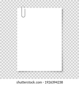Realistic Blank Paper Sheet In A4 Format With Metal Clip, Holder On Transparent Background. Notebook Page, Document. Design Template Or Mockup. Vector Illustration.