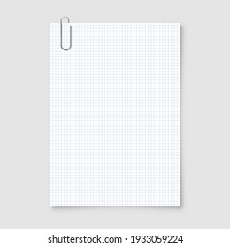 Realistic blank paper sheet in A4 format with metal clip, holder on gray background. Notebook page, document. Design template or mockup. Vector illustration.