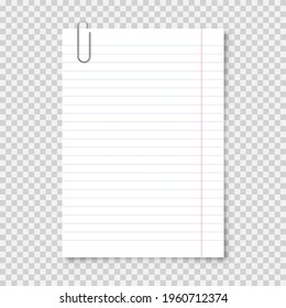 Realistic blank paper sheet in A4 format with metal clip, holder on transparent background. Notebook page, document. Design template or mockup. Vector illustration.