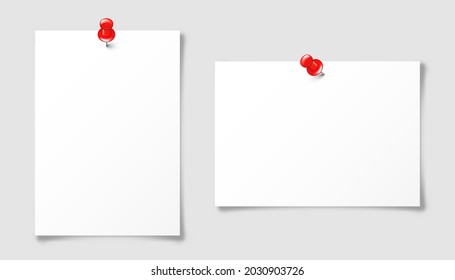 Hoja de papel en blanco realista en formato A4 con pin rojo. Portátil, documento. Plantilla de diseño o simulación. Ilustración vectorial.