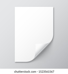 Realistic blank paper sheet with shadow in A4 format. Notebook or book page with curled corner. Vector illustration.