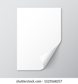 Realistic Blank Paper Sheet With Shadow In A4 Format. Notebook Or Book Page With Curled Corner. Vector Illustration.